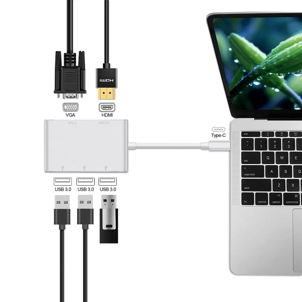 Top Deals USB C To HDMI VGA 2K 4K Adapter, Type C to HDMI VGA 3 USB3.0 Hub, Portable Converter Adaptor for 2017 MacBook Pro