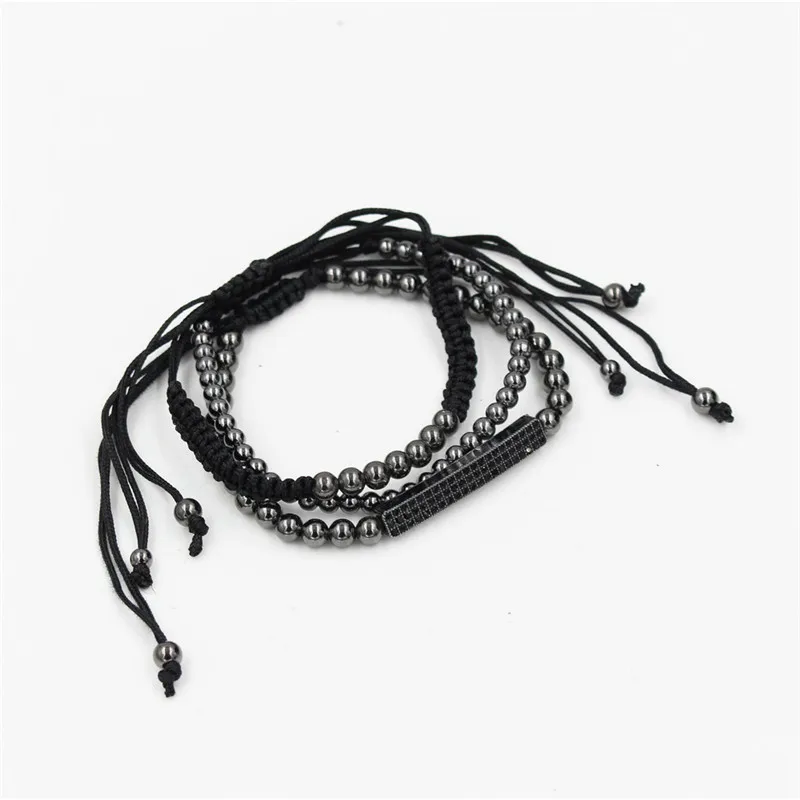 

PIIYA Anil Arjandas 5mm Copper Bead Brand 3Pcs/Sets Men's Pave Setting Black CZ Bar Charm Braiding Bracelet Set For Women Men