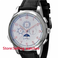 44 мм Parnis SS оправа белый циферблат Автоматические многофункциональные часы