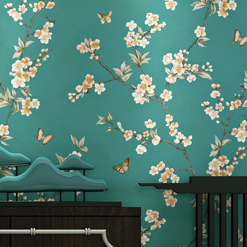 

American Style Rustic Blue Wallpaper Roll Vintage Floral Non-woven Butterfly Wall Paper Bedroom Wallpapers Flower Wall Decals 3D