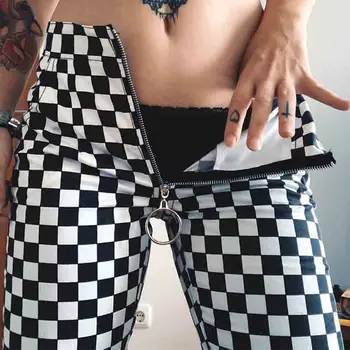 

White Black Checkerboard Plaid Long Women Pants Front Zipper Back Zipper Punk Harajuku Girls High Waist Straight Pants Trousers