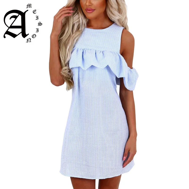 

Ameision Ruffle Women Dresses Sexy Off Shoulder Zipper Back Blue And White Striped Cute party Dress Casual Summer sexy Dress