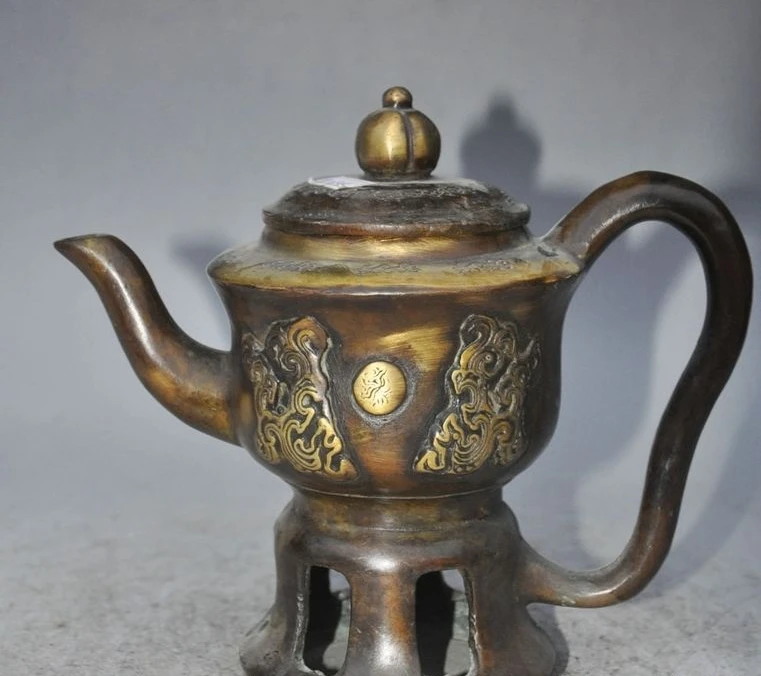 

7"chinese fengshui bronze dragon phoenix bird beast statue Wine Tea Pot Flagon