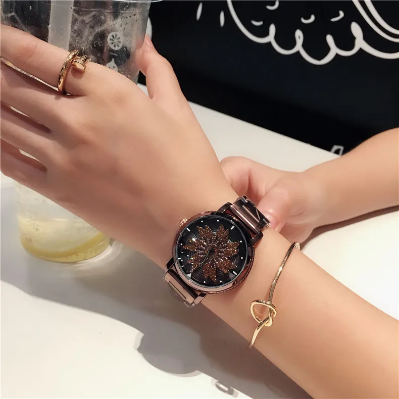 2019 популярные вращающийся циркон цветок часы Мода Нежный золото Сталь ремешок Wirst кварцевые часы для женщин подарок