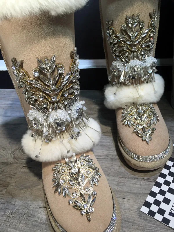 Женская обувь женская обувь из кожи и меха Шерсть колен-высокие ботинки Кристалл Туфли без каблуков со стразами зимние ботинки на меху botas mujer женские ботинки