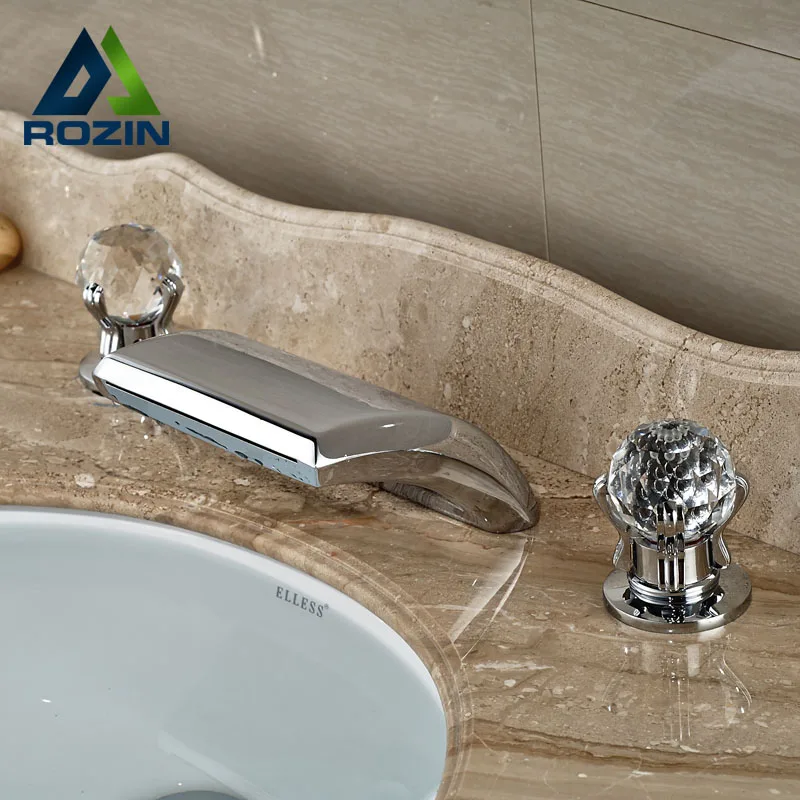 Luxury Widespread two cristal handles Basin Mixer Taps Deck Mounted Chrome Brass Bathroom Waterfall Faucet Luxury Widespread two cristal handles Basin Mixer Taps Deck Mounted Chrome Brass Bathroom Waterfall Faucet