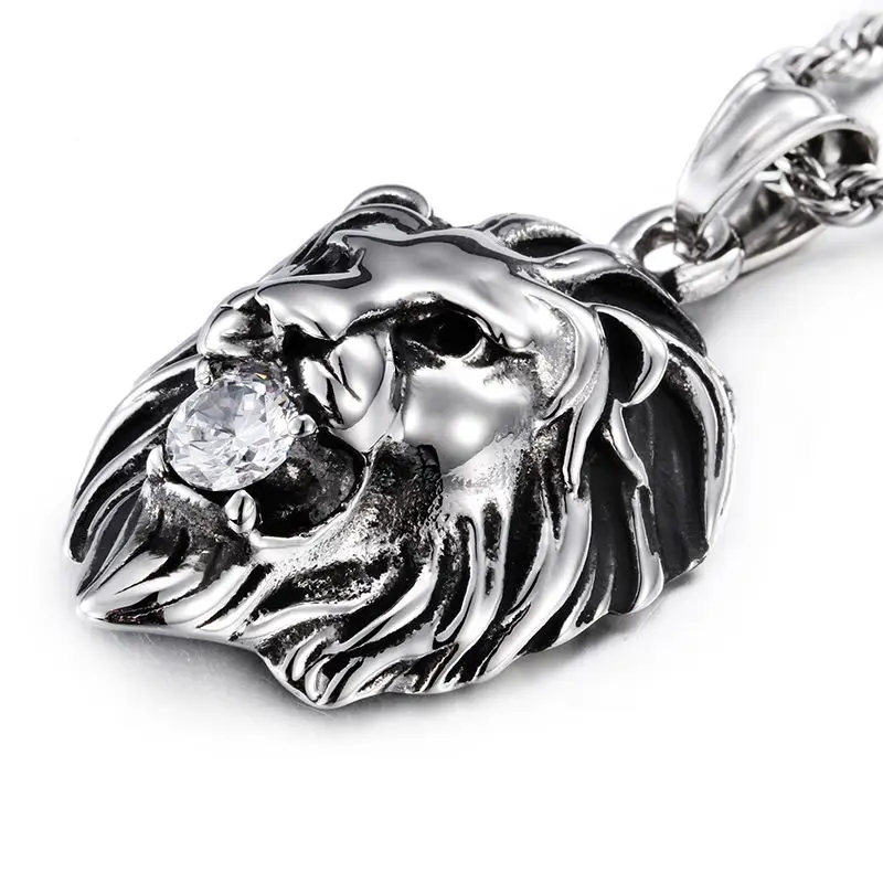 Gold or Silver Color Stainless Steel Fashion New Men's Boy's Lion Pendant Necklace White Stone 3