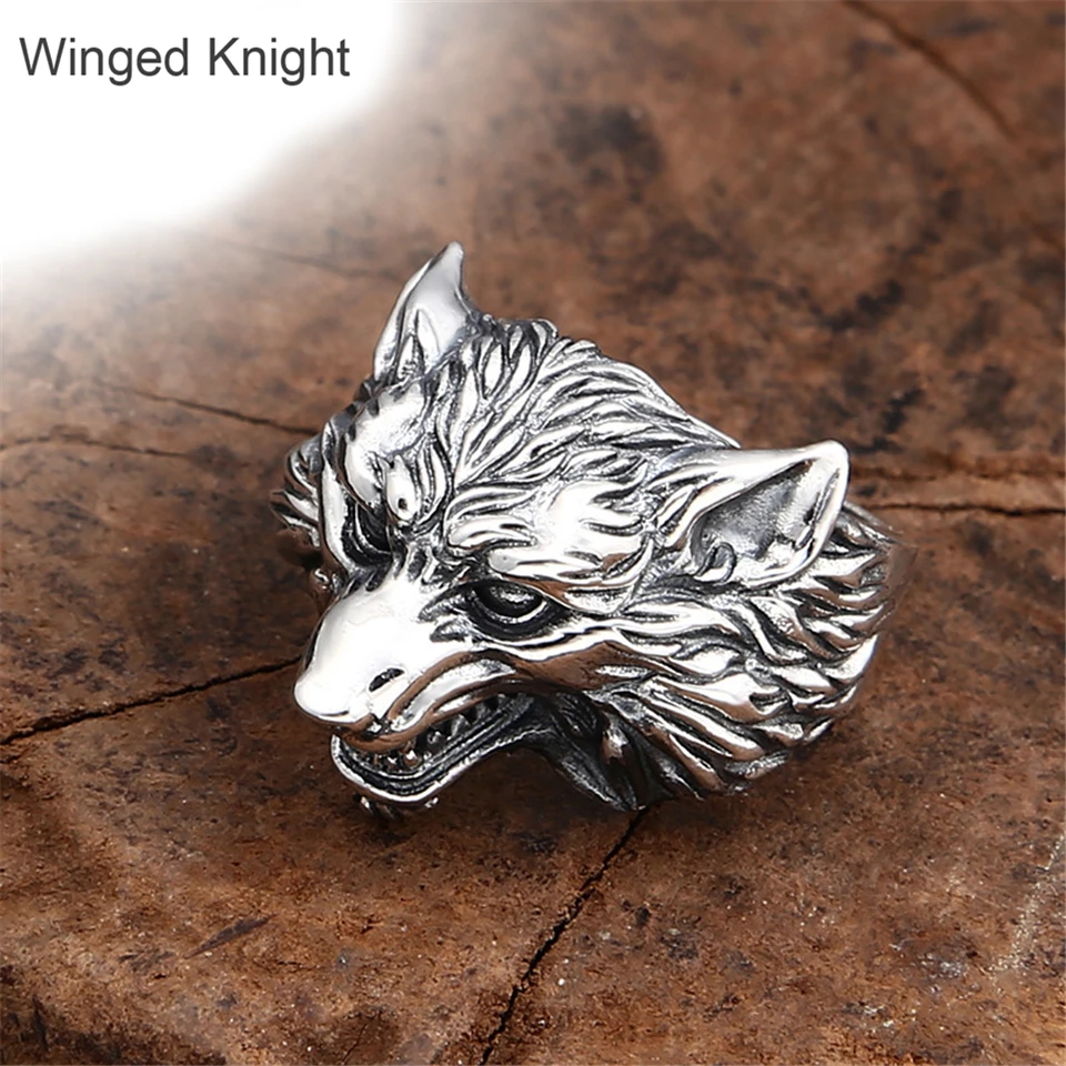 

Silver 925 Male hand finger Punk Rock adjustable wolf ring men's animal big super bowl large split vintage retro rings