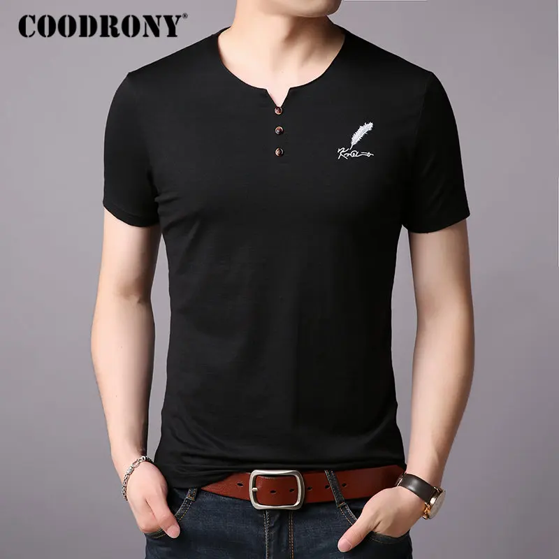 

COODRONY Cotton T Shirt Men Short Sleeve T-Shirt Men Spring Summer Street Wear Casual Button Henry Collar Tee Shirt Homme S95007