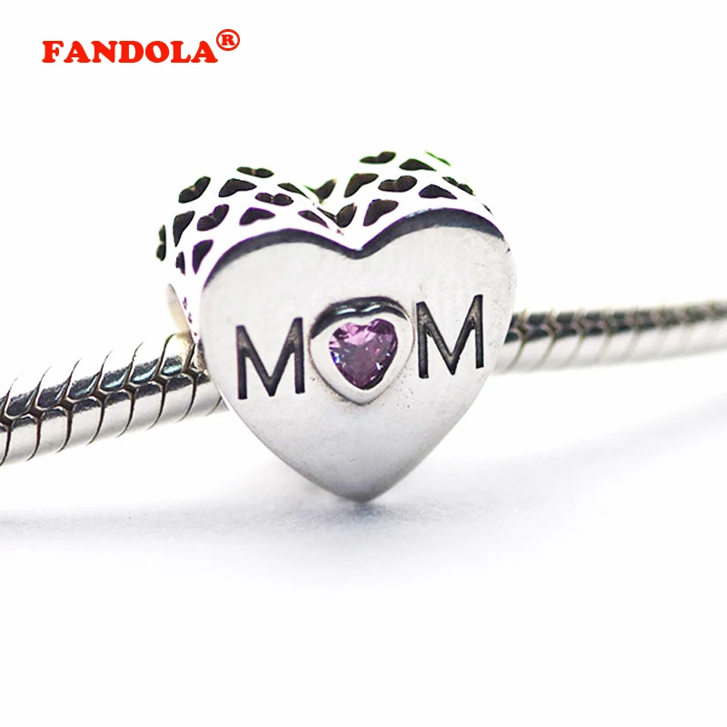Fits Pandora Charms Bracelet Mother Heart Charm with Pink CZ Original