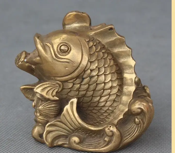 

wan671085+++4" Chinese Feng Shui Bronze Auspicious Lotus leaf Money Barracuda Fish Statue