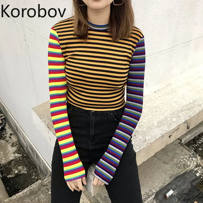 

Korobov Vintage High Street Rainbow Striped Patchwork Sweaters Sexy Crop Sweater Knitted Long Sleeve Harajuku Sueter Mujer 78262