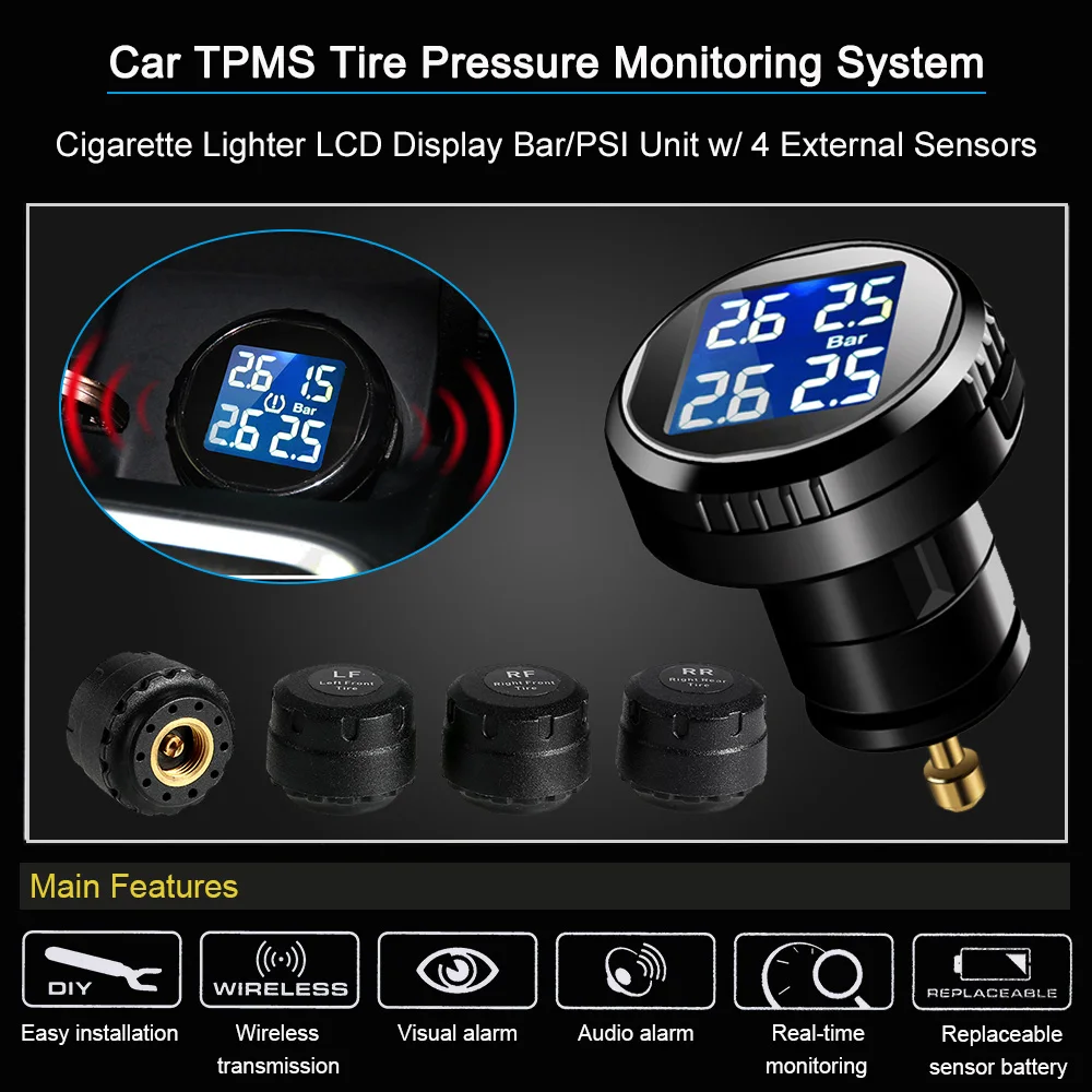 Car font b TPMS b font Tire Pressure Monitoring System Cigarette Lighter LCD Display Bar PSI