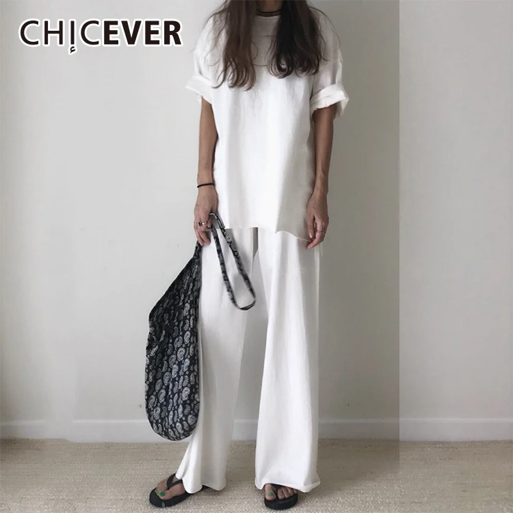 

CHICEVER 2019 Summer Two Pieces Set Women Suit Short Sleeve Split T Shirts Top With Elastic Waist Loose Big Size Flare Pants New