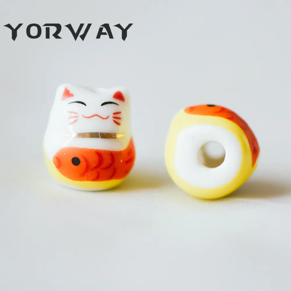 10 шт./лот фарфор Lucky бусины кошка 15 мм ручной работы керамика Maneki Neko просверленные