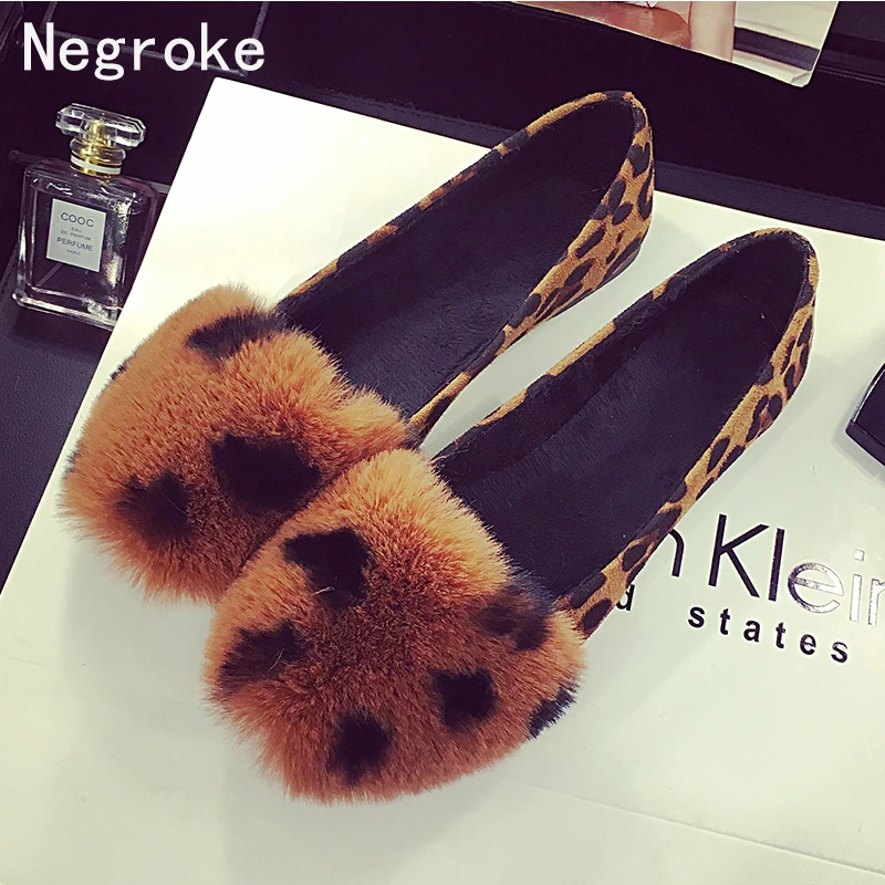 

Leopard Print Women Shoes Plush Low Heel Rubber Sole Flats Shallow Mouth Loafer Keep Warm Ventilation Casual Fashion Peas Shoes