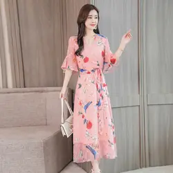 2019 Весенняя мода печатных для женщин шифоновое платье Новый стиль лето с коротким рукавом, облегающий приморский праздник темперамент