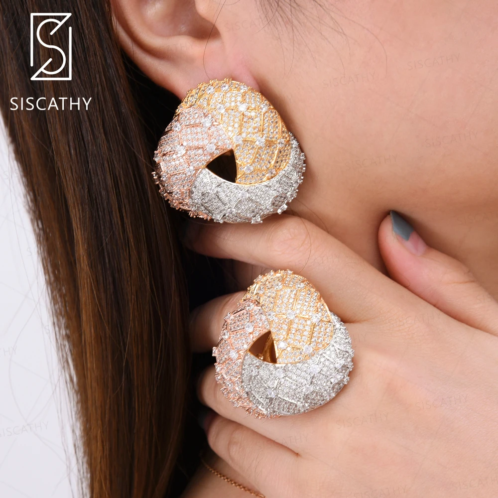 

Siscathy Luxury Geometric Cubic Zirconia Stud Earrings Resizable Ring Luxury Dubai Bridal fashion Jewelry Set For Women