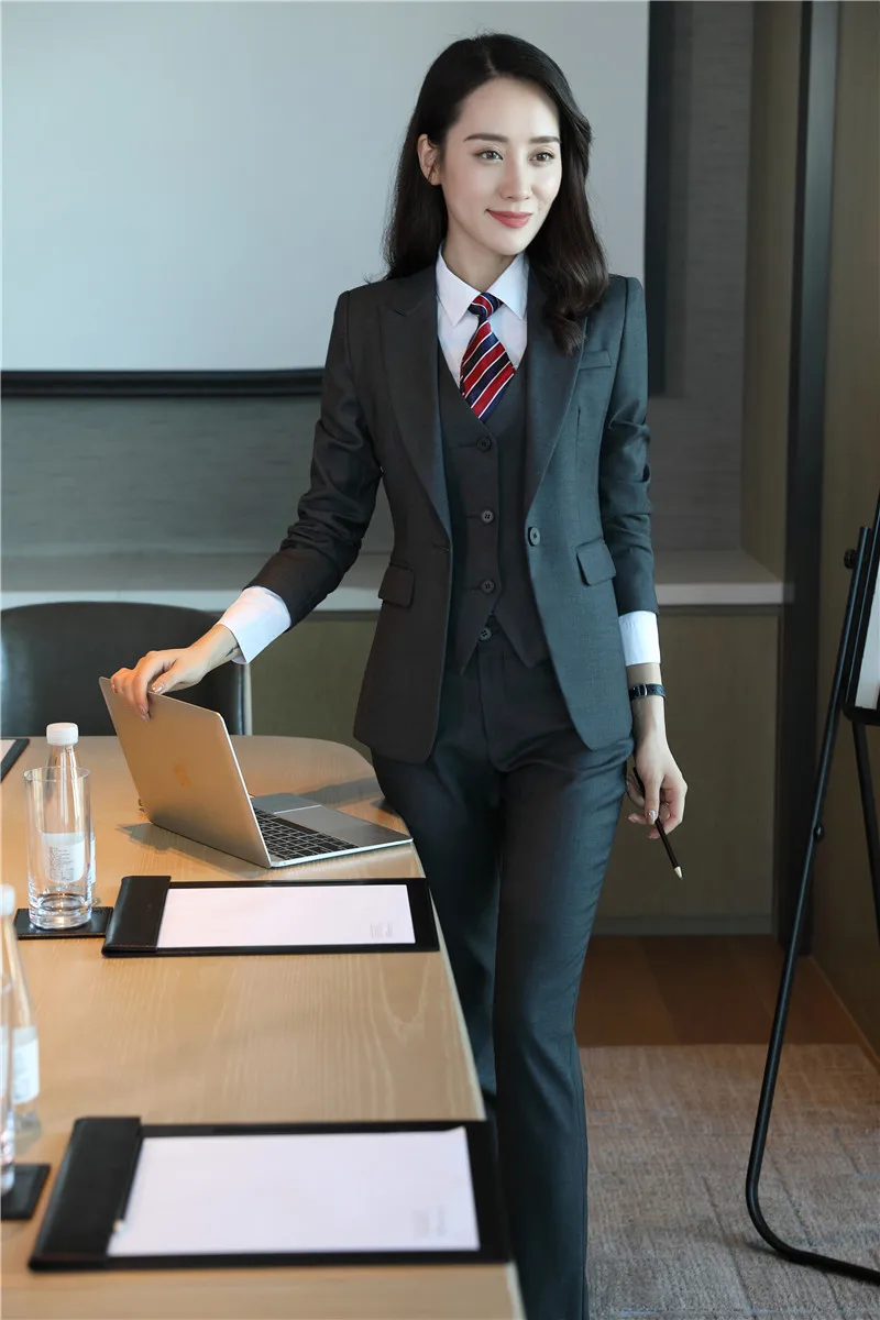 black trousers white shirt grey blazer