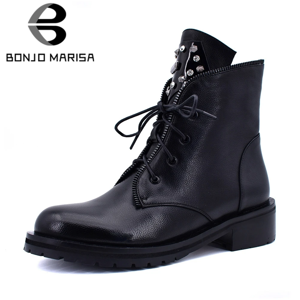 

BONJOMARISA New Martin Boots Wide Med Heels Metal Decoration Cross Tied Zip Shoes Woman Casual Winter Ankle Boots Big Size 34-42
