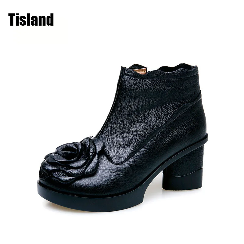 

New 2017 Genuine Leather Boots Fashion Thick High Heels Boots Women Motorcycle Ankle Boots Autumn Winter Flower Martin Boots