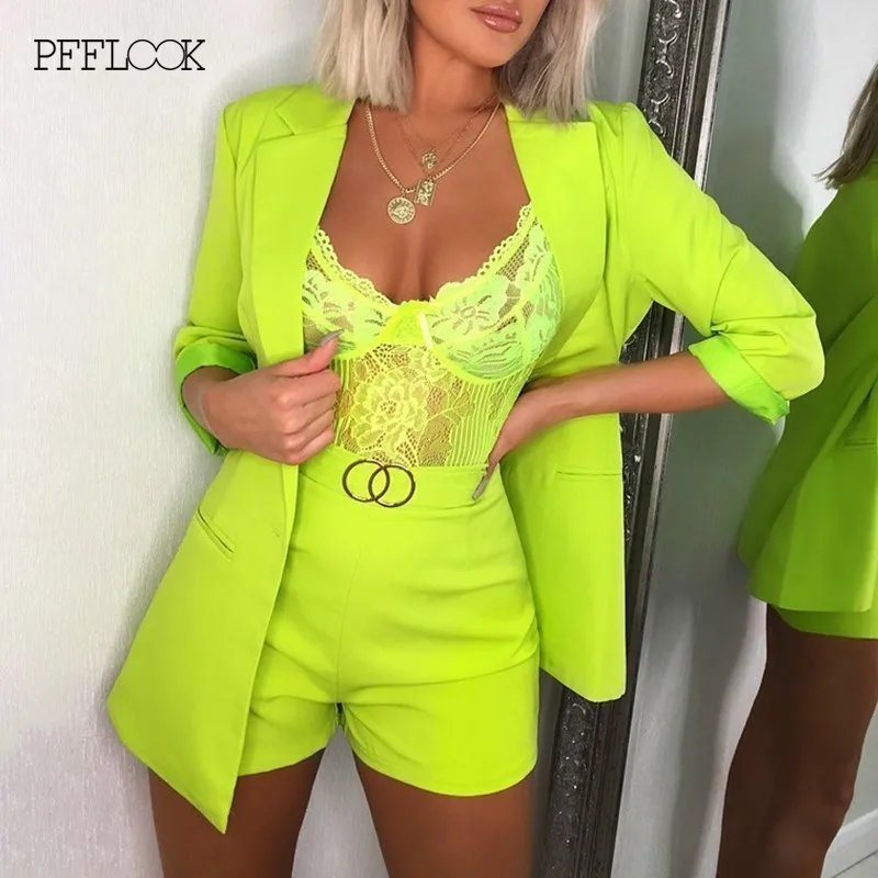 

PFFLOOK 2019 Summer Two Piece Set Official Lady Top And Shorts 2 Piece Set Women Sexy Deep V Neck Long Sleeve Elegant Formal Set
