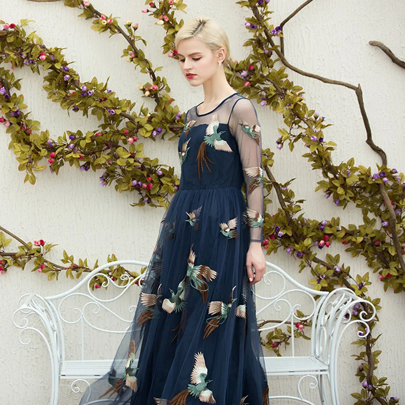 

High quality 2016 new summer maxi dress women track net yarn/phoenix bird embroidery long dress
