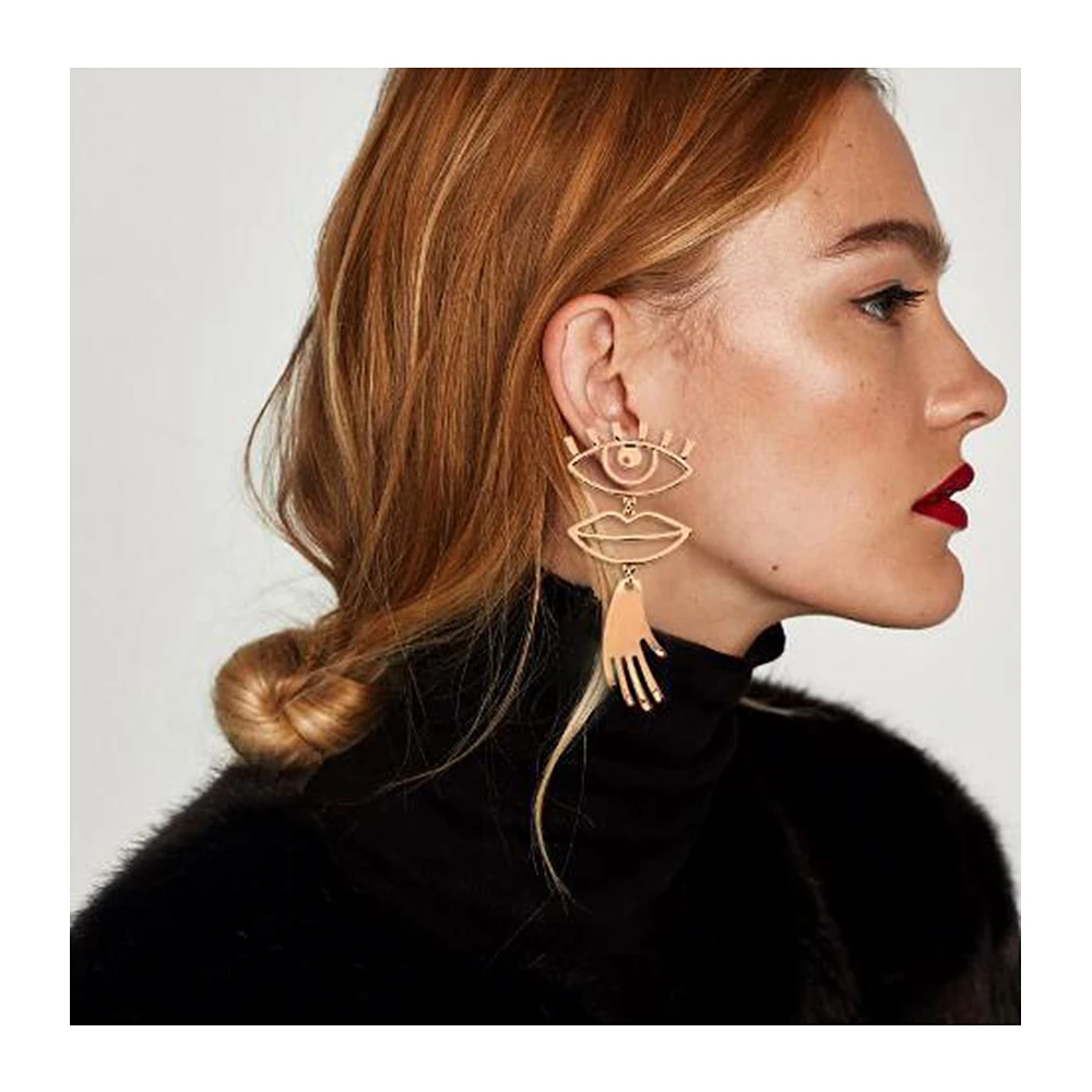 KISSWIFE Abstract Face Drop Earrings Fashion Jewelry Vintage Metal Geometric Hollow Eye Lip Palm Statement Earrings for Women