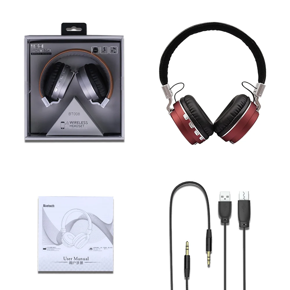 Красный BT008 беспроводные+ Проводные Bluetooth наушники bluetooth-гарнитура с кожаным стент+ HD микрофон сильный стерео бас для смартфонов ПК - Цвет: Красный