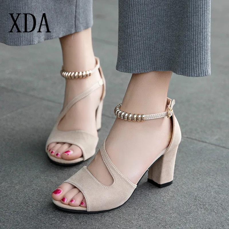 

XDA New Fish mouth Summer sandals Elegant string beads Sandals Buckle High Heel open-toe Roman Sandals for Dress Mujer Shoes D10