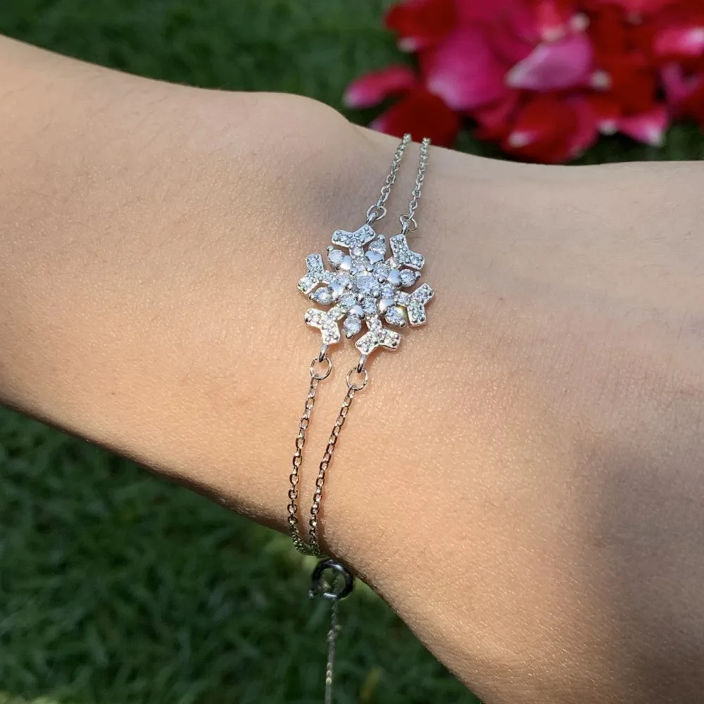 

Cute Brand New Original Luxury Jewelry 925 Sterling Silver snowflake Bracelet White 5A Cubic Zirconia CZ Wedding Women Bracelet