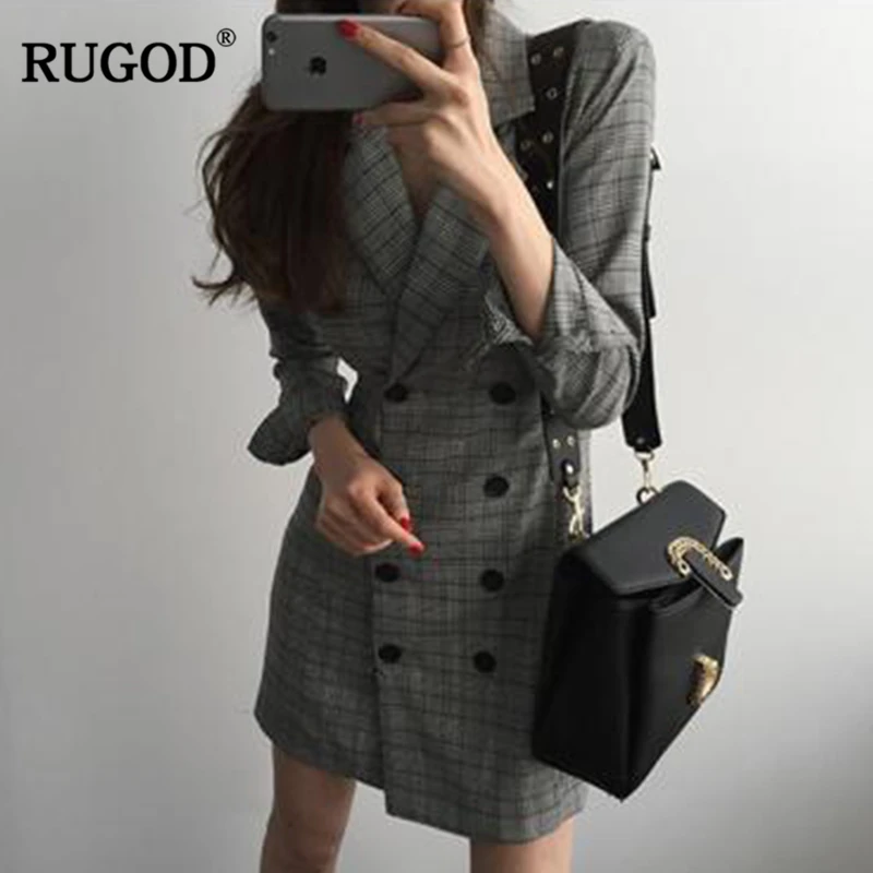 RUGOD 2018 Newest Women OL Slim Blazer Dress Female Notched Long Sleeve Plaid Business Dress Casual Long Office Work Outerwear