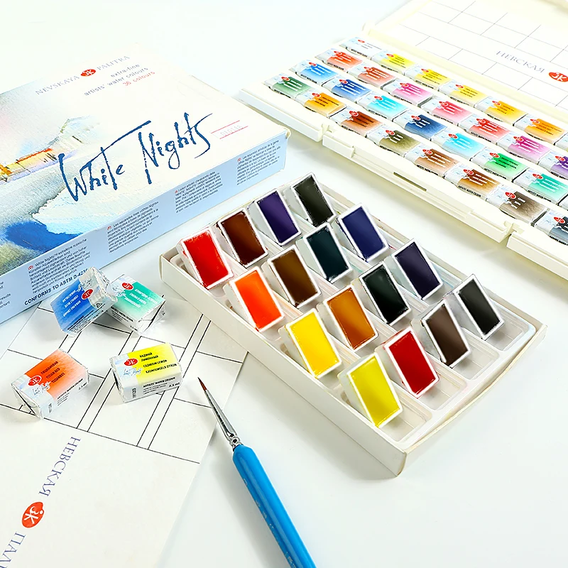 

White Night Splited Solid Water Color Paint Set With Book Applied For Drawing Watercolor Pigment Painting Art Supply
