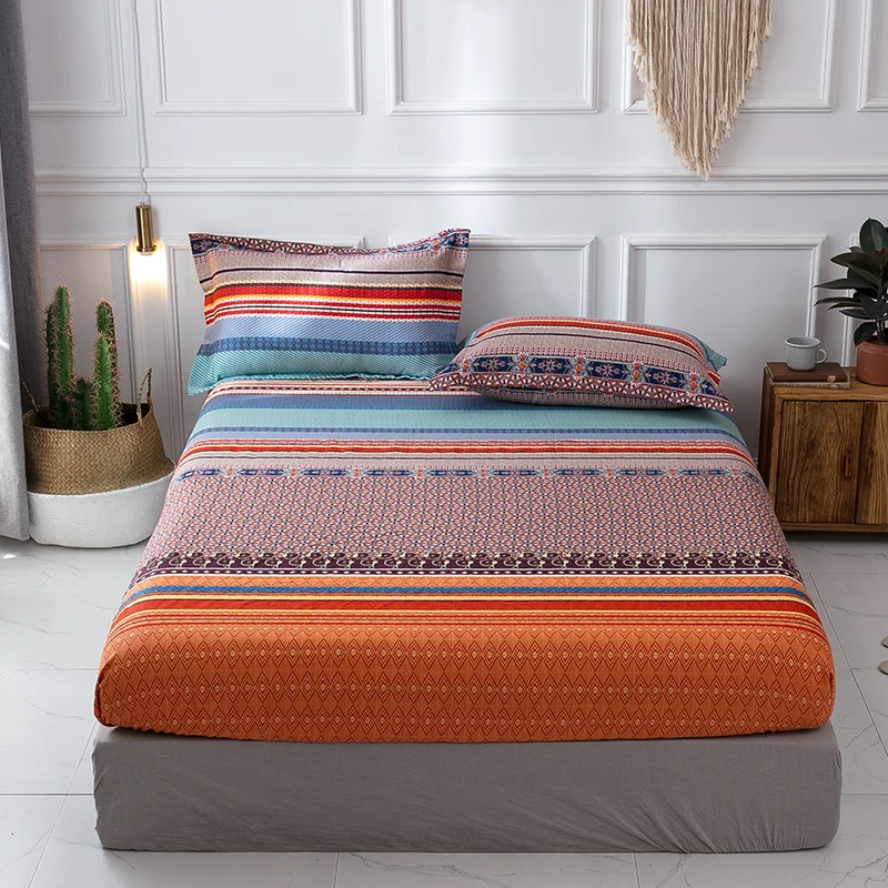 

3Pcs 160X200cm 100% Cotton Sanding Soft Warm Fitted Sheet with Elastic All Around Colorful Stripe Floral printed Boho Bed sheet