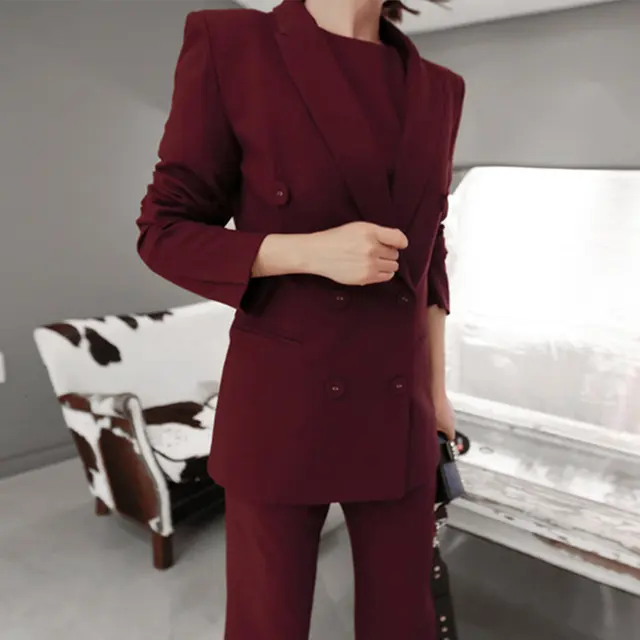 BGTEEVER Elegant Wine Red Women Blazer Double Breasted Full Sleeve