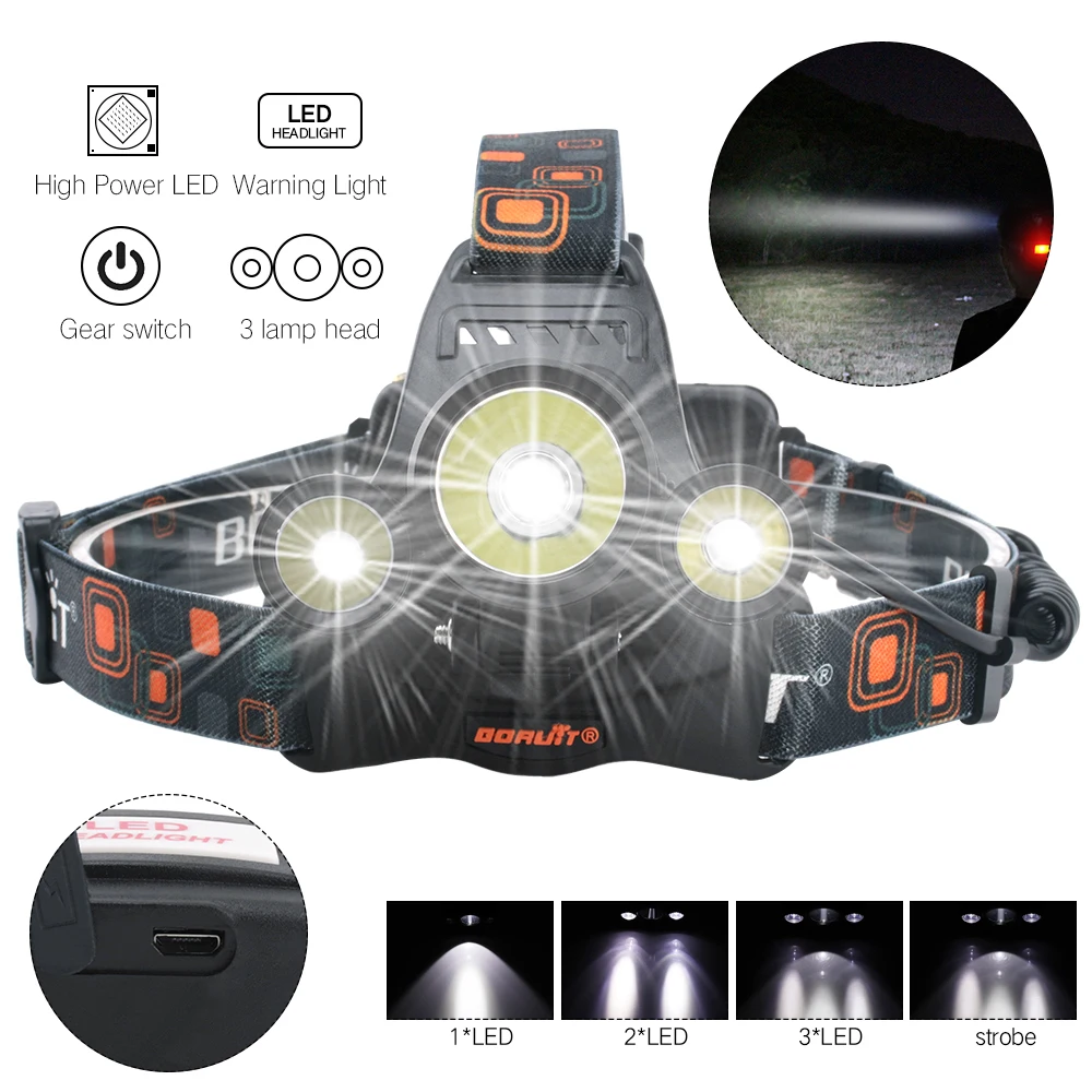 BORUIT 6000Lm 3x XML T6 LED 18650 Battery Headlight Headlamp Head Lamp Flashlight Torch Camping Fishing Cycling Rock Climbing (10)