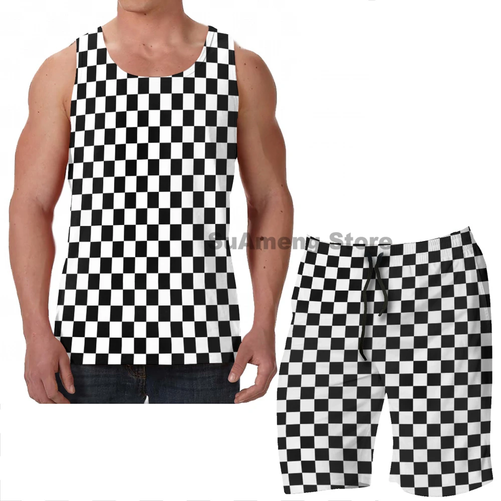 

Summer Casual funny print men Tank Tops Women Black Checkered Pattern men Board beach shorts women sets fitness sleeveless vest
