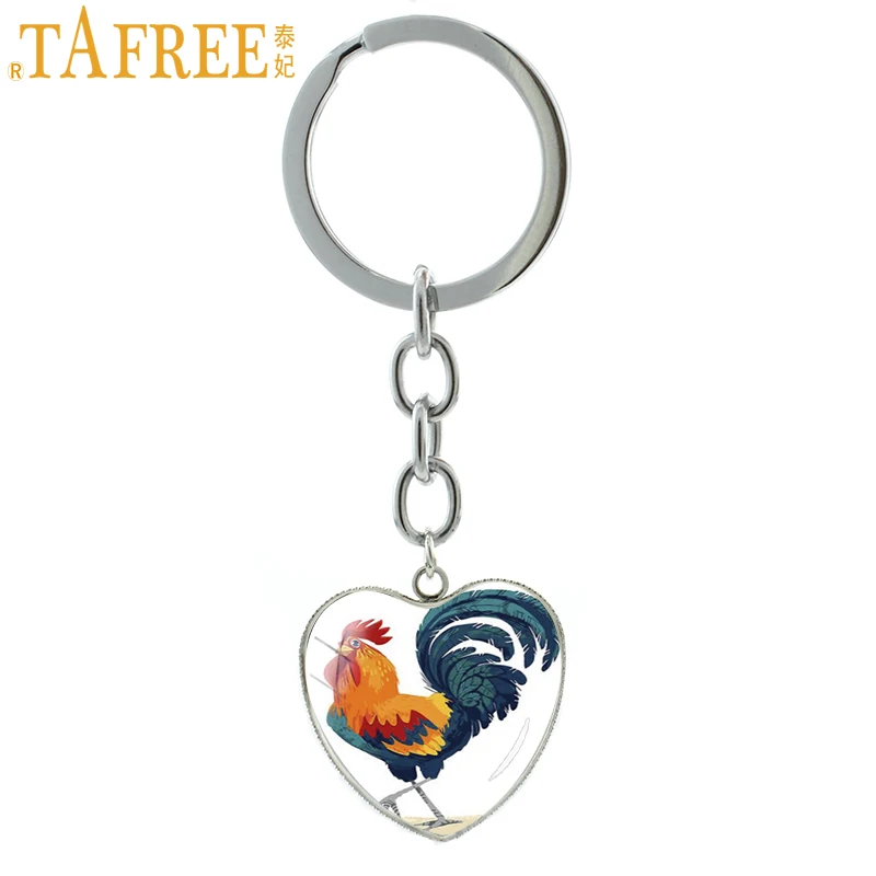 TAFREE Animal chicken Keychain Glass Cabochon Pendant Metal pendant for