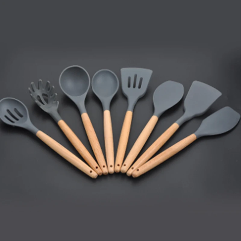 

8pcs Non-Stick Silicone Cooking Utensils with Wood Handle - Safe for Pots & Pans - Spoon, Spatula Tools, Pasta Server