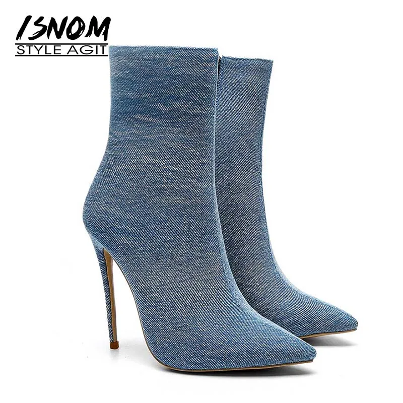 Altos Botas Blue Invierno Blue 2018 Mujeres Finos Calzado Femeninos Nuevos Felpa Tobillo Caliente Denim Talones Zapatos Isnom light Moda Corta Botines Dark 1tOWqqp