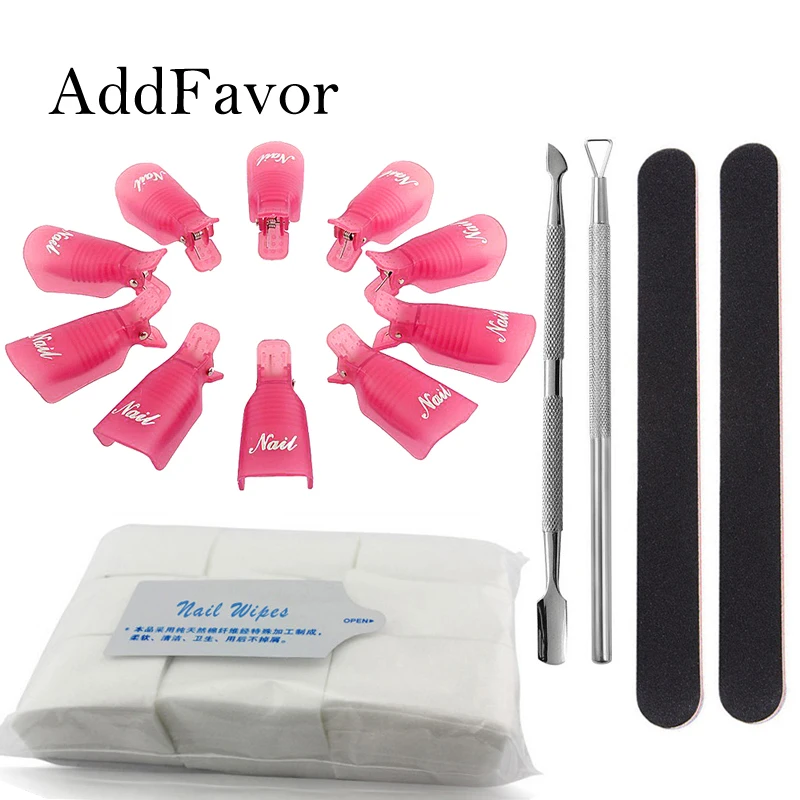 

Addfavor Gel Nail Polish Remover Set Soak Off Clip Caps Manicure Wraps Cuticle Pusher Cotton Pads Nail Art Cleaning Tools