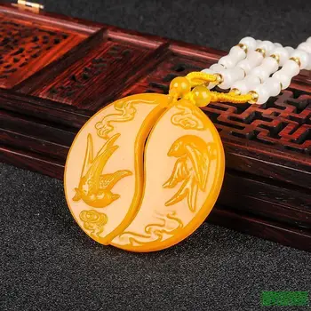 

Koraba Fine Jewelry A Pair of Lover's Natural Yellow Jade Hand-carved Magpies Bless Luck Pendant Free Shipping