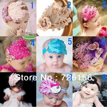 

30pcs/lot Curly Feather Headband Baby Headband With A Pearl With Sequined Bow Flower