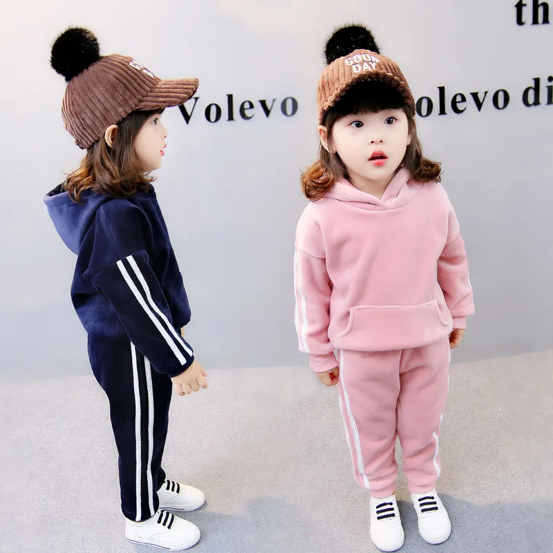 

High quality boy girl clothing Set warm long-sleeved hooded T-shirt + pants baby sports suit plus velvet 1-5year old thickening
