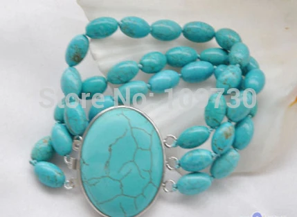 

001382 3row 8" 8x12mm rice blue turquoise bracelet