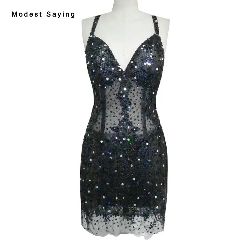 

Real Sexy Backless Balck Straight Beaded Short Cocktail Dress 2017 with Rhinestone Mini Prom Gowns robe cocktail courte chic YC6