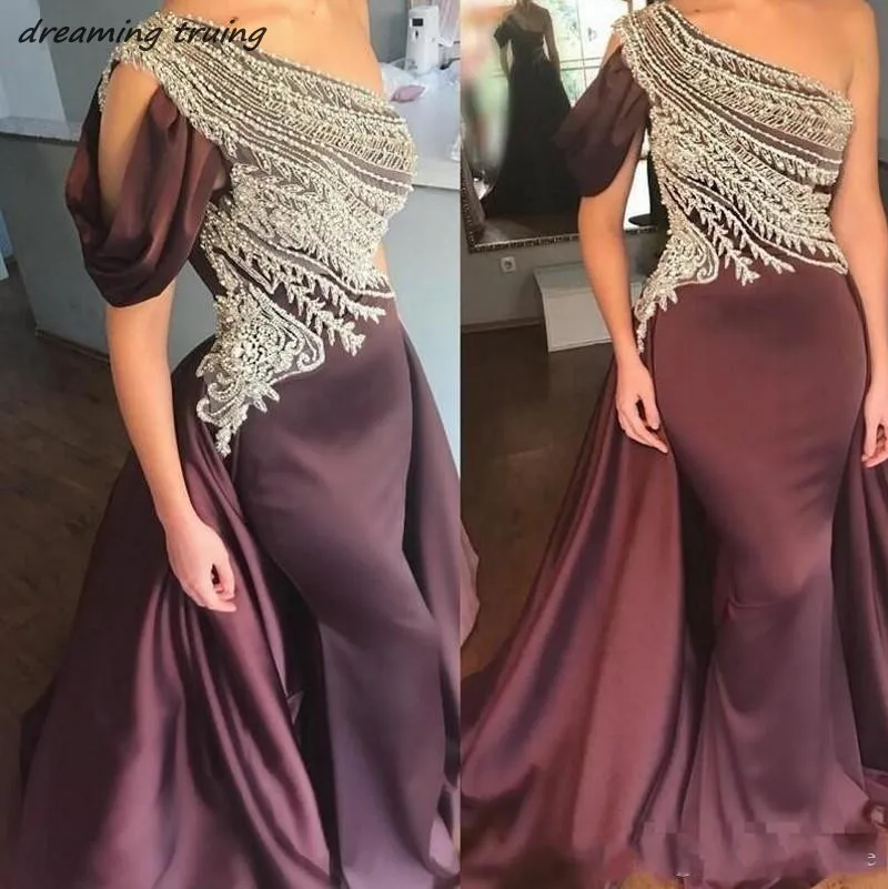 

One Shoulder With Beading Detachable Train Mermaid Prom Dresses Dubai Long Satin Evening Formal Dress Women Elegant 2019 New