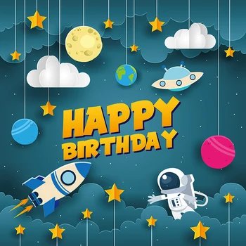 

Astronaut themed birthday party backdrop for child space ship sweet cake table dessert background photocall studio props B-06
