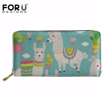 

FORUDESIGNS Casual Women Long Wallet Cute Cartoon Alpaca Design Girls Coin Card Holder Purse with Zipper Clutch Leather Carteras