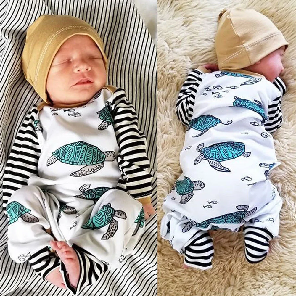 

long sleeve baby romper Newborn Infant Baby Boy Girl Tortoise Striped Romper Jumpsuit Hat Clothes Set winter 2019 baby onesie